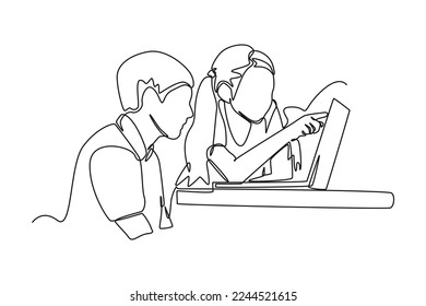 Single one line drawing school children study together with laptop. Team work concept. Continuous line draw design graphic vector illustration.