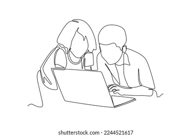 Los niños de la escuela de dibujo de una sola línea estudian junto con la laptop. Concepto de trabajo en equipo. Ilustración gráfica de vector de diseño de línea continua.