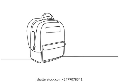 Single one line drawing of school bag for kindergarten student. Back to school minimalist, education concept, Continuous one line drawing of school bag or backpack. School bag outline vector