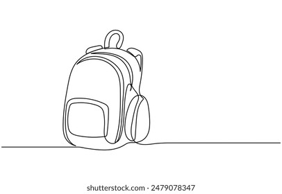 Single one line drawing of school bag for kindergarten student. Back to school minimalist, education concept, Continuous one line drawing of school bag or backpack. School bag outline vector