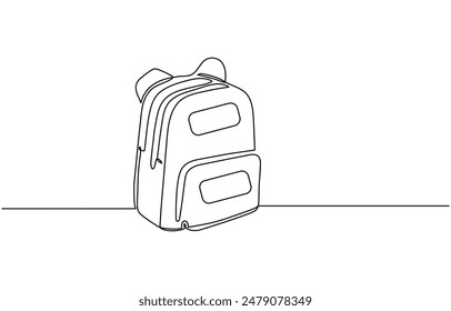 Single one line drawing of school bag for kindergarten student. Back to school minimalist, education concept, Continuous one line drawing of school bag or backpack. School bag outline vector