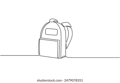 Single one line drawing of school bag for kindergarten student. Back to school minimalist, education concept, Continuous one line drawing of school bag or backpack. School bag outline vector