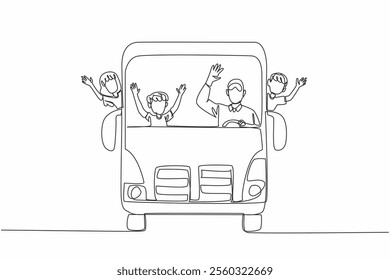 Single one line drawing school bus with bus driver and some students. Always a pleasant atmosphere when going to school. School Bus Driver Appreciation Day. Continuous line design graphic illustration