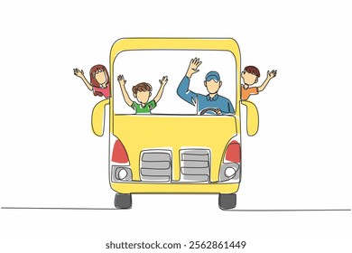 Single one line drawing school bus with bus driver and some students. Always a pleasant atmosphere when going to school. School Bus Driver Appreciation Day. Continuous line design graphic illustration