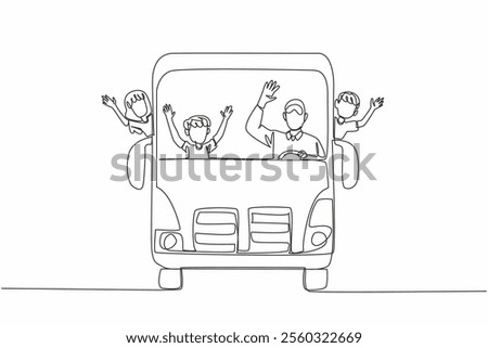 Single one line drawing school bus with bus driver and some students. Always a pleasant atmosphere when going to school. School Bus Driver Appreciation Day. Continuous line design graphic illustration