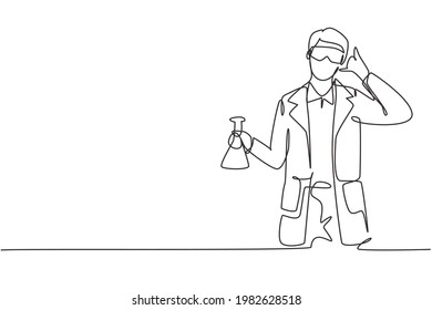 Single one line drawing scientist with call me gesture and holding measuring tube to examining chemical solution to make vaccine. Success job. Continuous line draw design graphic vector illustration