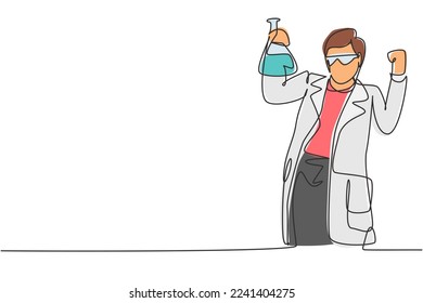 Single one line drawing scientist with celebrate gesture and holding measuring tube to examining chemical solution to make vaccine. Modern continuous line draw design graphic vector illustration