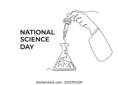 Single one line drawing scientist hand dropping chemical liquid to flask in a laboratory. Science day concept. Continuous line draw design graphic vector illustration.