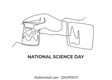 Single one line drawing scientist hand holding glass of chemical liquid in a laboratory. Science day concept. Continuous line draw design graphic vector illustration.