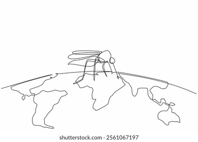 Single one line drawing semicircular world map with big mosquito on it. Malaria-spreading mosquitoes all around. Be alert. Live healthy. World Malaria Day. Continuous line design graphic illustration