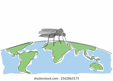 Single one line drawing semicircular world map with big mosquito on it. Malaria-spreading mosquitoes all around. Be alert. Live healthy. World Malaria Day. Continuous line design graphic illustration