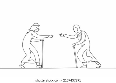 Single one line drawing senior woman running in hug to man. Elderly people run towards each other. Happy Arab grandfather and grandmother meeting after long time. Continuous line design graphic vector