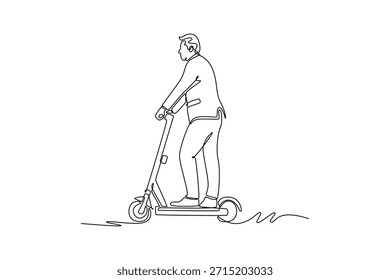 Una sola línea de dibujo de hombre mayor en traje formal montando scooter eléctrico. Accesibilidad de la tecnología de movilidad para todos los grupos de edad en el área urbana. Ilustración vectorial gráfica de diseño de dibujo de línea continua