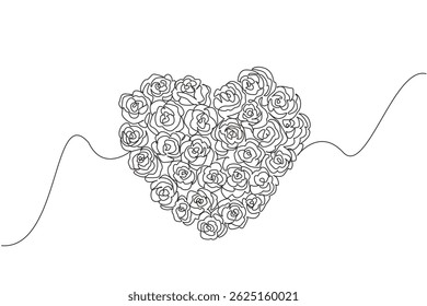 Una sola línea dibujando una serie de rosas que forman una forma de corazón. Las rosas rojas dan una sorpresa de amor. Símbolo de amor. Romance juvenil. Coquetear. Día de las Flores. Ilustración gráfica de diseño de línea continua