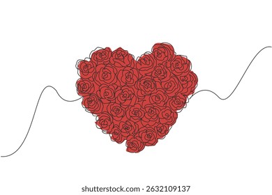 Una sola línea dibujando una serie de rosas que forman una forma de corazón. Las rosas rojas dan una sorpresa de amor. Símbolo de amor. Romance juvenil. Coquetear. Día de las Flores. Ilustración gráfica de diseño de línea continua