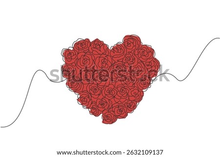 Single one line drawing a series of roses that form a heart shape. Red roses give a surprise of love. Symbol of love. Youth romance. Flirting. Flower Day. Continuous line design graphic illustration