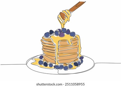 Desenho de uma única linha servindo deliciosa panqueca em um prato perfurado com mel. Coberto de mirtilos. Sabor doce natural. Dia Nacional do Flapjack. Ilustração gráfica de design de linha contínua