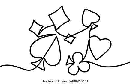 Juego de dibujo de una sola línea de cuatro ases que juegan a los palos de las cartas. Mano de puente ganadora. Conjunto de corazones, espadas, palos, diamantes as. Juegos de cartas. estilo lineal simple