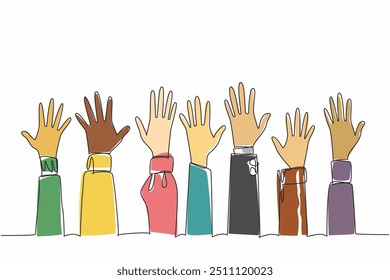 Single one line drawing seven colorful hands raise. Activists on move. United against racism. International Day for Elimination of Racial Discrimination. Continuous line design graphic illustration