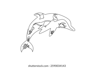 Single one line drawing several silhouettes of types of fish within the silhouette of a dolphin. Maintaining ecosystem balance. Undersea. Mother Ocean Day. Continuous line design graphic illustration