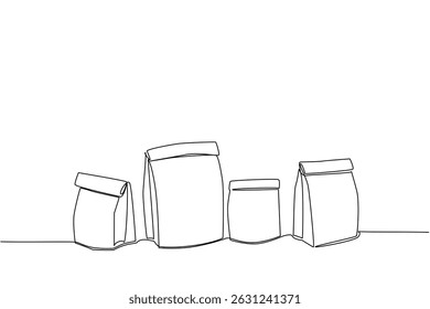 Single one line drawing several brown paper bags in various sizes. Various sizes for various types. Eco friendly. Recycle. Reuse. National Brown Bag It Day. Continuous line design graphic illustration