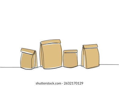 Single one line drawing several brown paper bags in various sizes. Various sizes for various types. Eco friendly. Recycle. Reuse. National Brown Bag It Day. Continuous line design graphic illustration