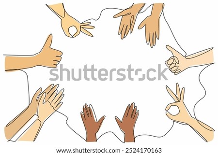 Single one line drawing several hands with several kinds of gestures. Get recognition and praise. Surrounded by positive aura. National Screenwriters Day. Continuous line design graphic illustration