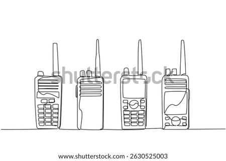 Single one line drawing several handie talkies placed in a row. Four different types with the same function. Device Amateur Radio Military Appreciation Day. Continuous line design graphic illustration