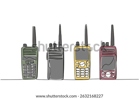 Single one line drawing several handie talkies placed in a row. Four different types with the same function. Device Amateur Radio Military Appreciation Day. Continuous line design graphic illustration
