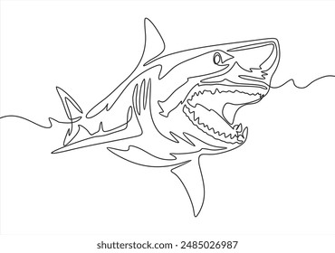 Single one line drawing sharks fish. Shark animals, scary jaws and ocean swimming angry sharks. Marine predator fish or sea sharks creatures character. Continuous line draw design graphic vector