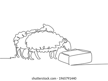 Single one line drawing of the sheep are being fed to be healthy and produce the best milk and meat. Farming challenge minimal concept. Modern continuous line draw design graphic vector illustration.