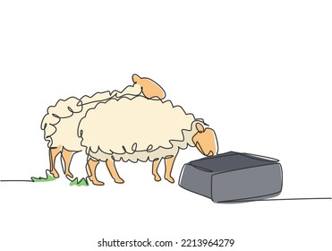 Single one line drawing of the sheep are being fed to be healthy and produce the best milk and meat. Farming challenge minimal concept. Modern continuous line draw design graphic vector illustration.