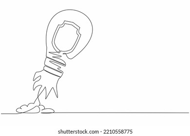 Single one line drawing shield launching with light bulb. Business protection in global competition. Security to launch project or time management. Continuous line design graphic vector illustration