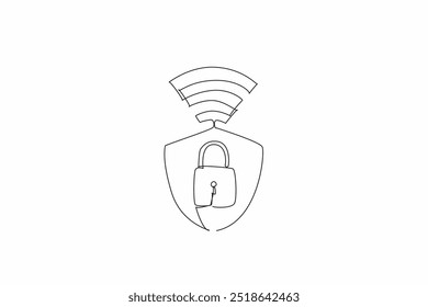 Single one line drawing shield inside there is a padlock with Wi-Fi signals. Layered protection is needed in the digital age. Firewall. Safer Internet Day. Continuous line design graphic illustration