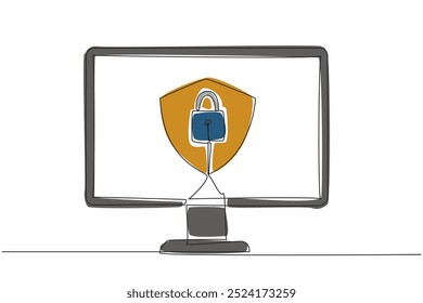Single one line drawing shield and padlock in the middle of the computer monitor. Computer use two security systems. Protecting. Secure. Data Privacy Day. Continuous line design graphic illustration