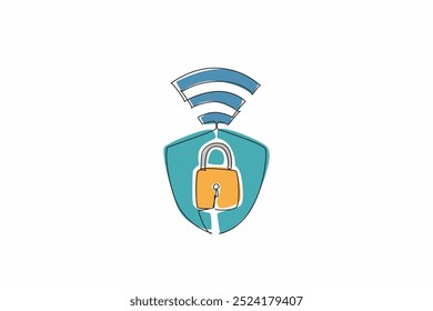 Single one line drawing shield inside there is a padlock with Wi-Fi signals. Layered protection is needed in the digital age. Firewall. Safer Internet Day. Continuous line design graphic illustration