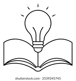 single One  line drawing of shining light bulb above open text book logo identity. continuously line draw design graphic vector illustration on white background.