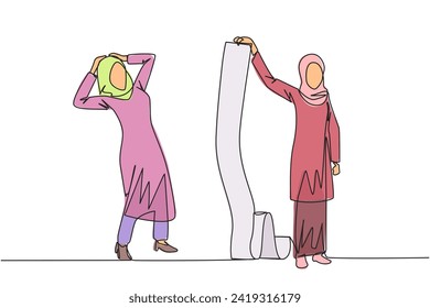Single one line drawing shocked Arabian businesswoman is shown the bill by her business partner. Many bills have entered the deadline to be paid right now. Continuous line design graphic illustration svg