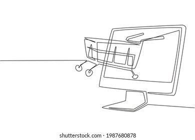 Single One Line Drawing Shopping Cart Out Of Monitor Screen. Digital Lifestyle With Internet And Gadgets. Sale, Consumerism And People Concept. Modern Continuous Line Draw Design Graphic Illustration