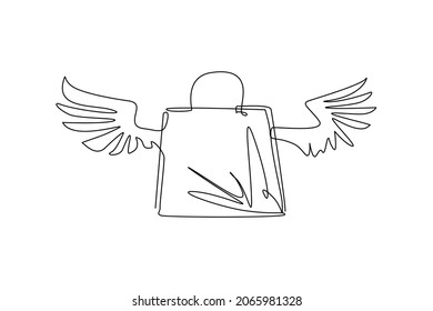 Einzelne Ziehpapiertasche mit nur einer Linie mit Flügeln. Flaches Symbol einzeln. Schnelle Lieferung. Stilvolles Paket zum Kauf. Feiertagsverkauf, Rabatt. Grafische Vektorgrafik für kontinuierliche Zeilenzeichnung
