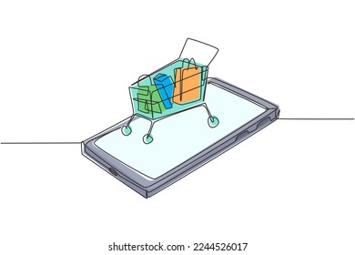 Single one line drawing shopping cart containing goods on smartphone screen. Sale, digital lifestyle with internet and gadgets concept. Modern continuous line draw design graphic vector illustration