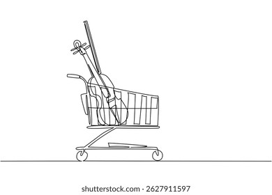 Single one line drawing shopping trolley containing violin. Special understanding to play it. Produces a soothing rhythm. Buy A Musical Instrument Day. Continuous line design graphic illustration