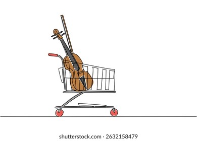 Single one line drawing shopping trolley containing violin. Special understanding to play it. Produces a soothing rhythm. Buy A Musical Instrument Day. Continuous line design graphic illustration