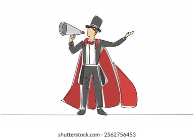 Single one line drawing showman stands and holding megaphone. Can entertain anyone just by talking. Very witty jokes. Eliminates fatigue. World Circus Day. Continuous line design graphic illustration