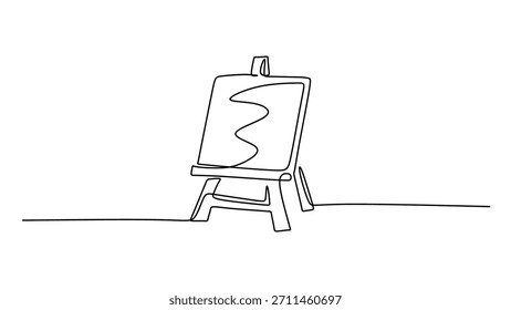Single one line drawing shows a blank canvas on an easel, a symbol for a new artwork or idea. Creative potential and an artist studio, vector illustration minimalist.