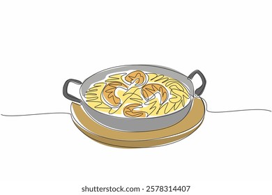 Single one line drawing shrimp scampi served in round pan and wooden cutting board. Serving to keep food warm for a long time. National Shrimp Scampi Day. Continuous line design graphic illustration