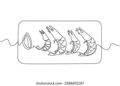 Single one line drawing shrimp lined up 4 on a black square plate. Food presentation pays attention to aesthetics. Deliciousness. National Shrimp Day. Continuous line design graphic illustration