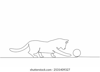 Single one line drawing siamese cat hitting a knitted ball. Curious about the movement of the ball. Adorable behavior. Happiness. National Siamese Cat Day. Continuous line design graphic illustration