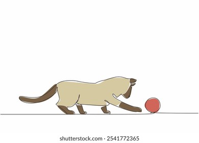 Single one line drawing siamese cat hitting a knitted ball. Curious about the movement of the ball. Adorable behavior. Happiness. National Siamese Cat Day. Continuous line design graphic illustration