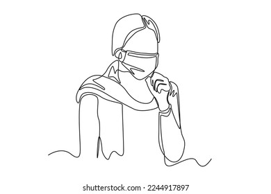 Una sola línea dibujando a una mujer enferma tosiendo sobre su mano. Concepto de personas enfermas. Ilustración gráfica de vector de diseño de línea continua.